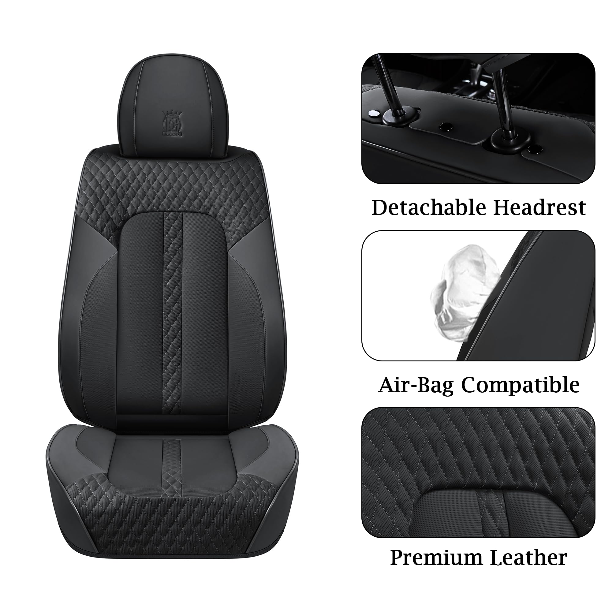 Doogo Leather Seat Covers Front Pair, Universal Seat Cover 2-Pack, Waterproof Leatherette Car Seat Cushions Protectors, Auto Driver Seat Covers Fit for Most Cars Trucks SUV-Black