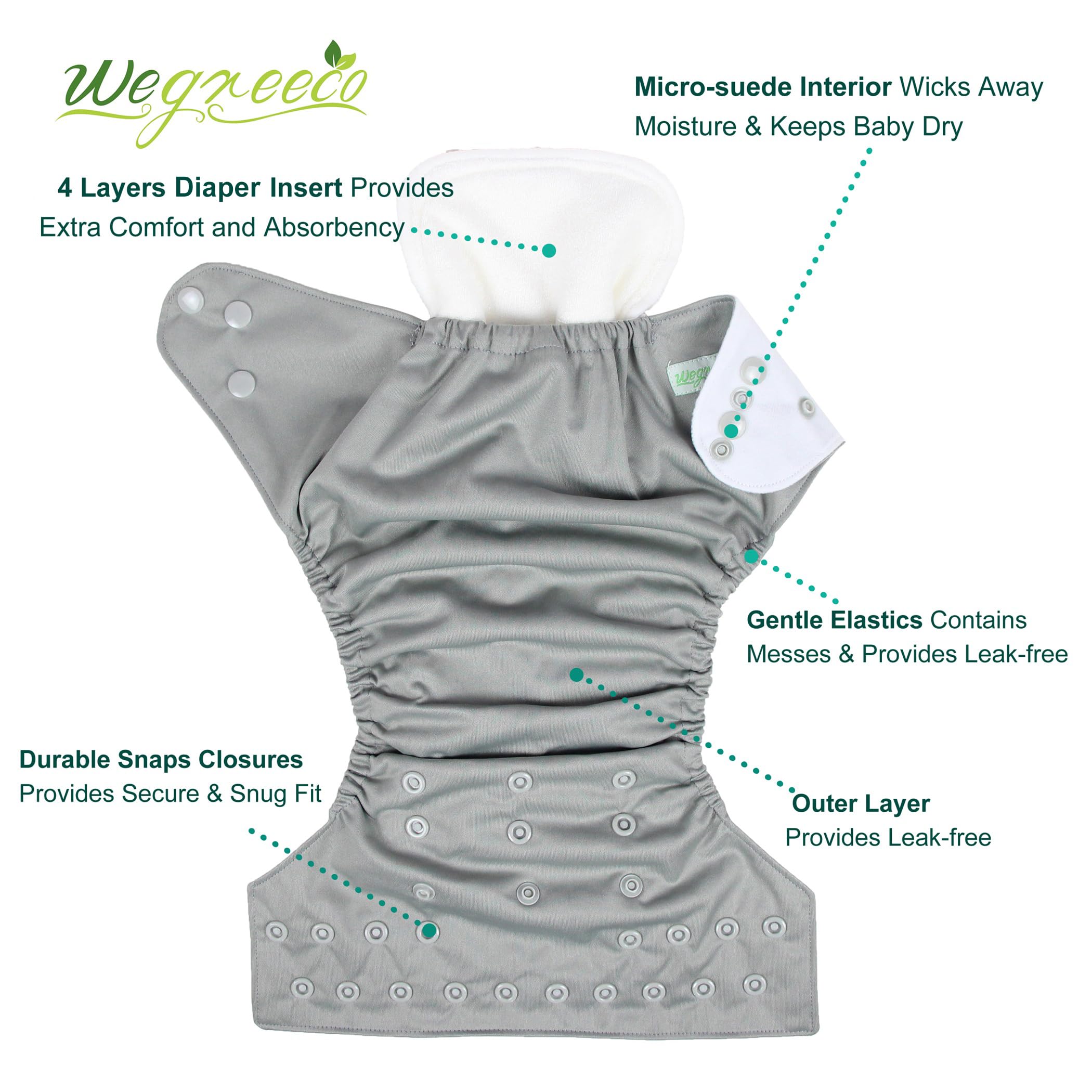 wegreeco Cloth Diapers 6 Pack with 6 Inserts & 1 Wet Bag, Washable Cloth Diapers for Babies, One Size Adjustable Reusable (with 1 Wet Bag,Boy Prints)