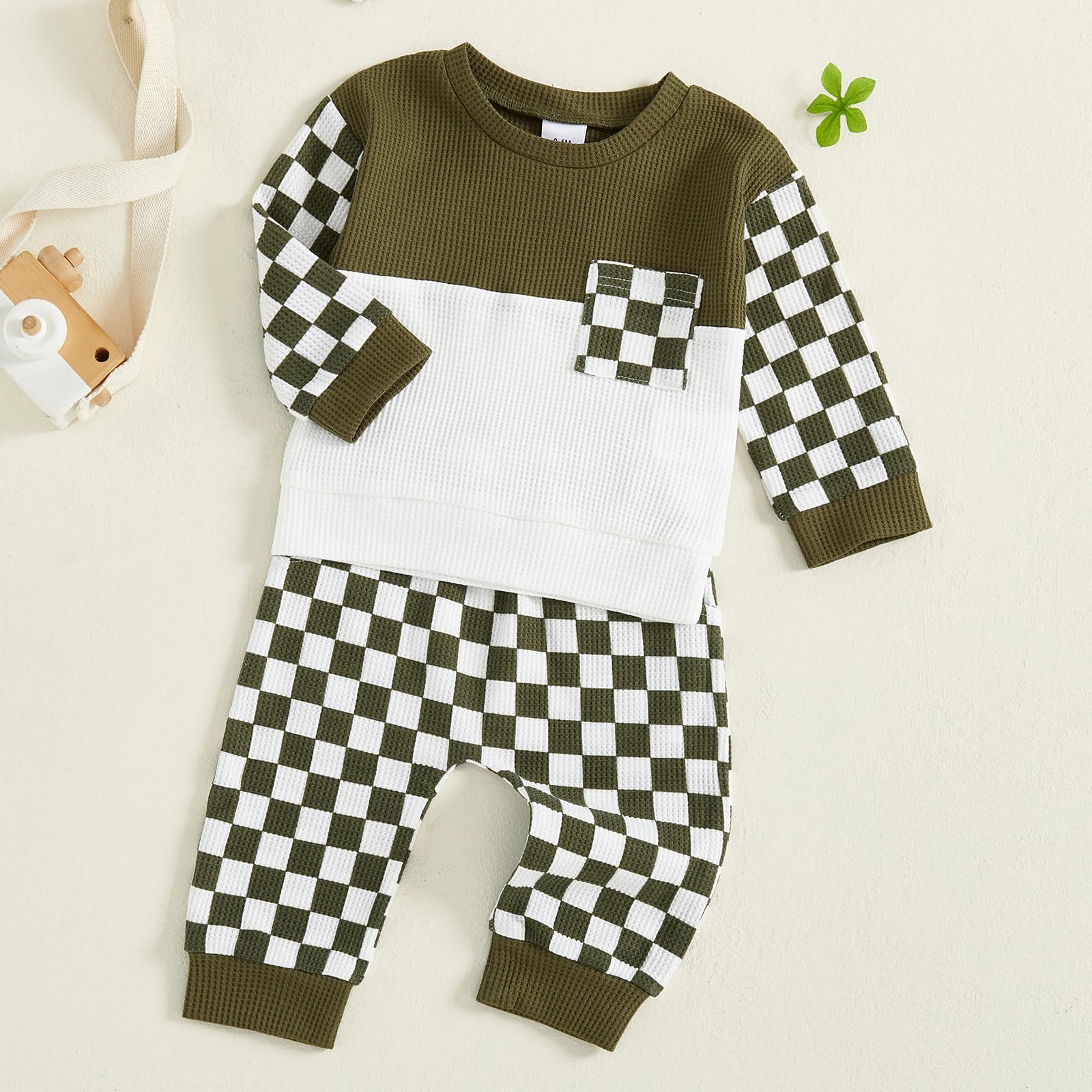 Fufuriprefer Toddler Baby Boy Fall Clothes Waffle outfit Long Sleeve Top Jogger Pant Set (B-Army Green, 12-18 Months)