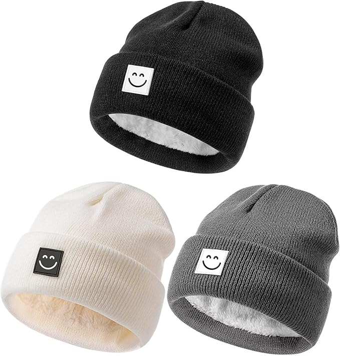 Baby Beanie Hat 3 Packs with Cute Smiley Face, Toddler Girls Boys Baby Hats Winter, Kids Winter Hat Cold Weather