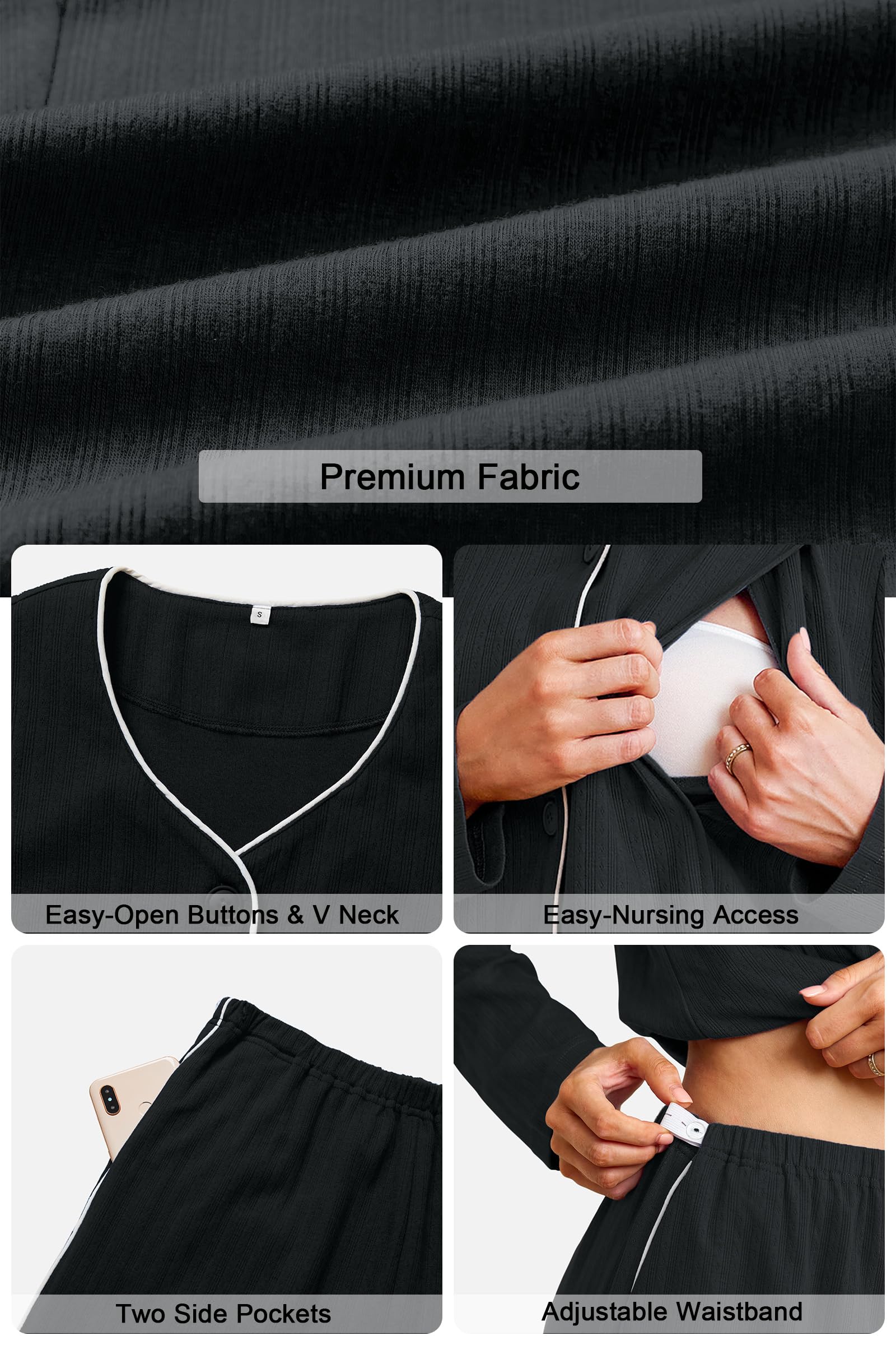 OUGES Maternity Nursing Pajamas Lounge Sets Postpartum Outfits for Women 100% Cotton Black Button Down V Neck Breastfeeding Sleepwear Set Maternity Clothes Top & Long Pants with Pockets(Black,XL)