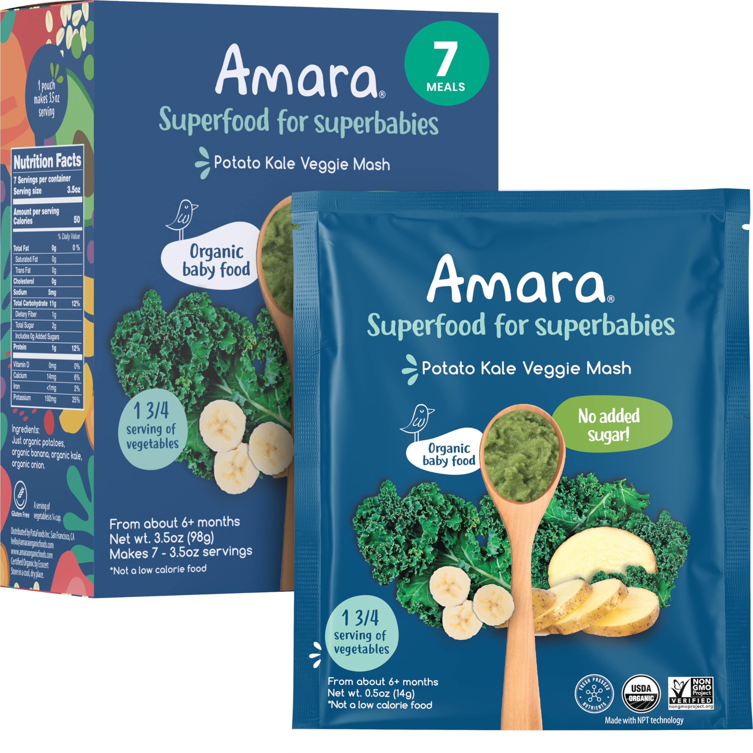 Amara Organic Baby Food - Stage 2 - Kale Potato - Baby Cereal to Mix With Breastmilk, Water or Baby Formula - Shelf Stable Baby Food Made from Organic Fruit and Veggies - 7 Pouches, 3.5oz Per Serving