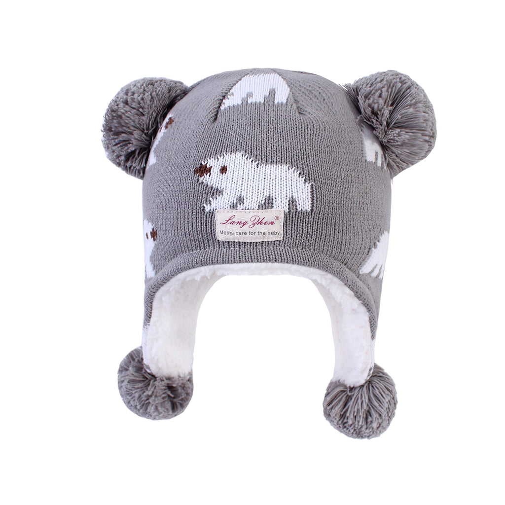 LANGZHEN Toddler Kids Infant Winter Hat,Earflap Knit Warm Cap Fleece Lined Beanie for Baby Boys Girls (Polar Bear - Grey, L(50-52CM/19.69"-20.47"))