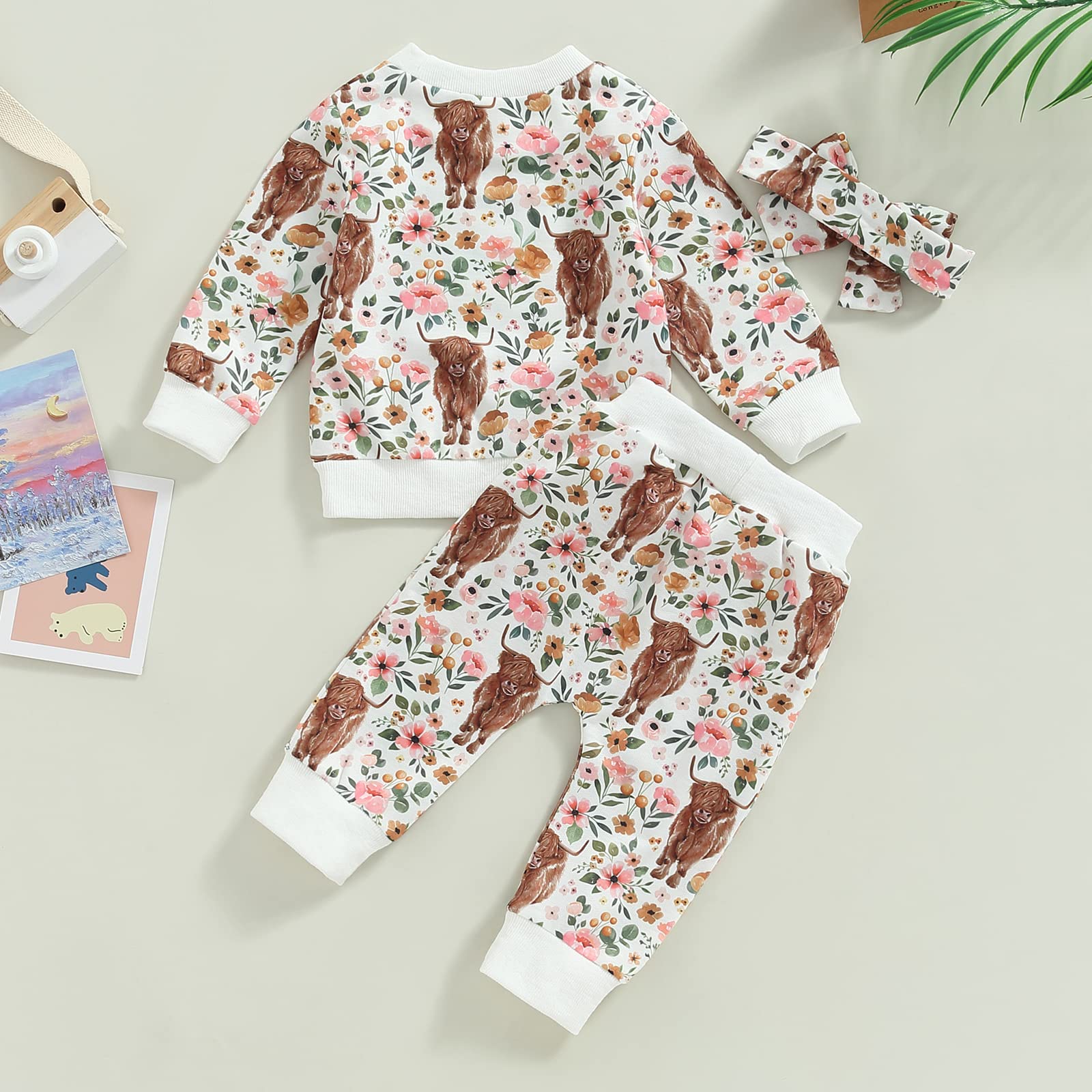 3Pcs Western Baby Girl Clothes Animal Floral Print Sweatshirt Pants Set Infant Fall Winter Outfits White 6-12 Months