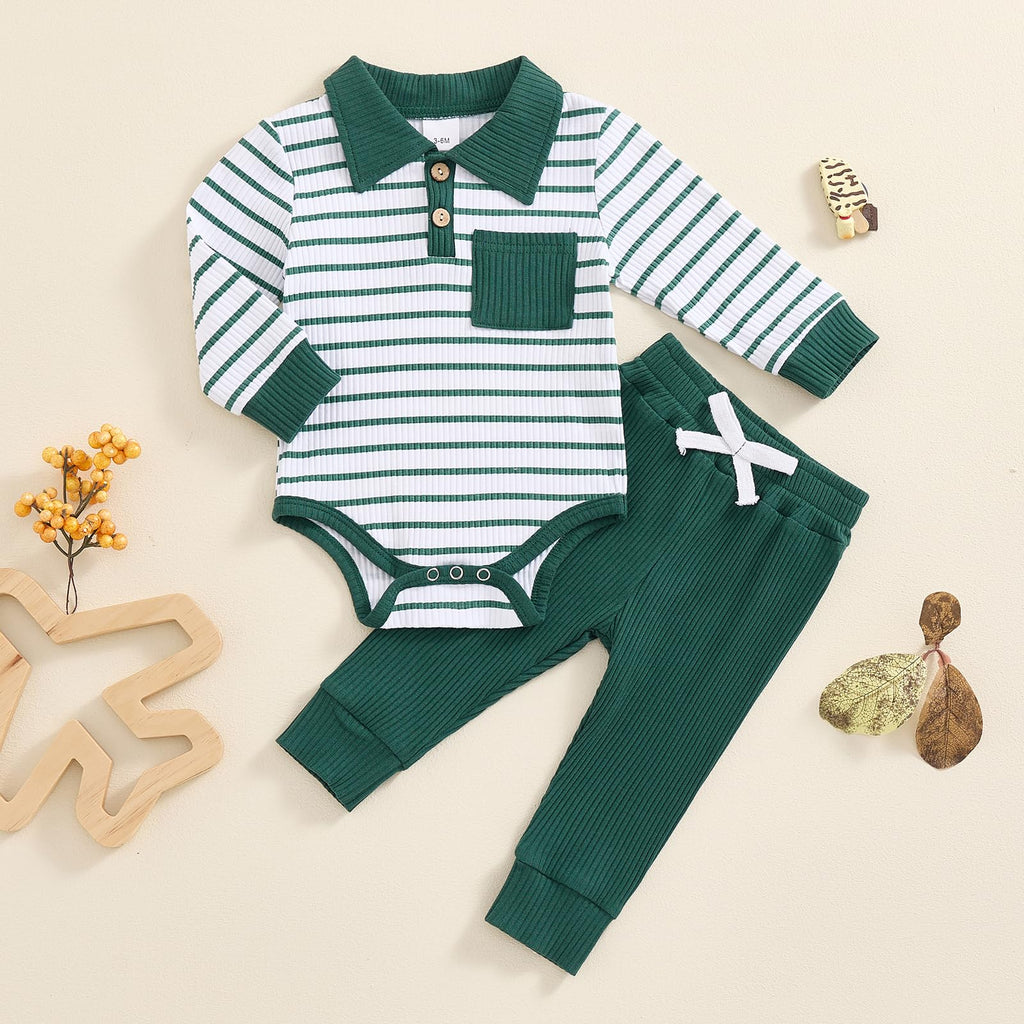 Newborn Baby Boy Girl Clothes Ribbed Knitted Long Sleeve Romper Pants Solid Cotton Infant Fall Winter Outfits 2Pcs (Striped Blue, 18-24 Months)