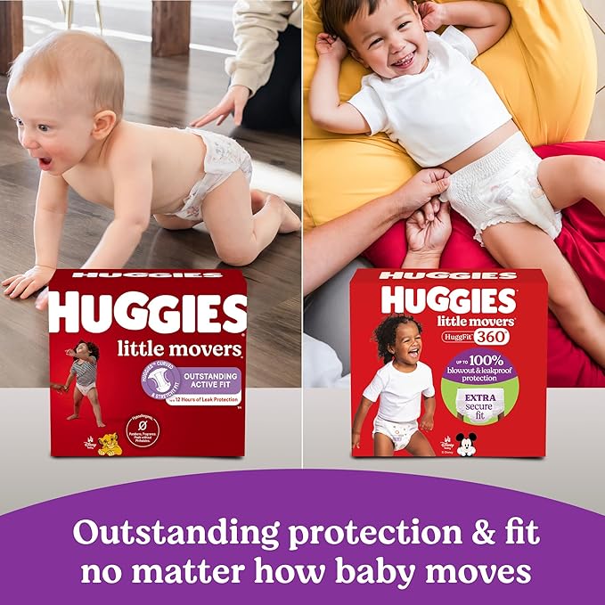 Huggies Size 5 Baby Diapers, Little Movers HuggFit 360° Baby Diapers with 360° Waistband, Size 5 (27+ lbs), 100 Count, Packaging May Vary