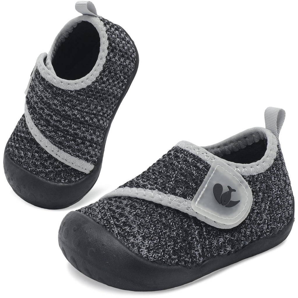 FEETCITY Wide Baby Walking Shoes Barefoot Infant Shoes Baby Sneakers Newborn Crib Shoe Flexible Lightweight Black Grey