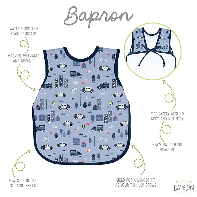 BapronBaby Be Brave - Police Patrol Bapron - No Neck Tie Safer Bib for Baby & Toddler - Soft Waterproof Stain Resistant - Machine Washable - Sz Preschool 3-5yrs