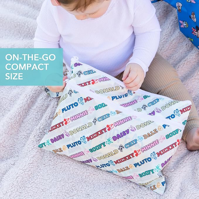 Bumkins - Waterproof Wet Bag, Wet/Dry Clutch & Clear Travel Bags - For Beach, Baby, Travel, Cloth Diapers, Pump Parts, Pool, Gym, Toiletries -Reusable & Easy to Clean -Mickey & Friends Varsity -5 Pack