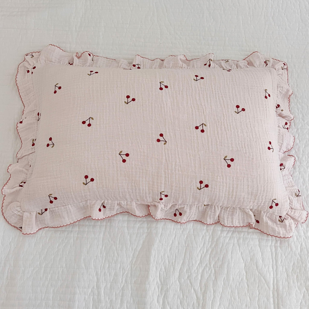 BuLuTu Cotton Muslin Kids Toddler Pillowcase Cherry Pattern, Soft Travel Pillow Ruffle Edge Nursery Pillow Case for Boys Girls, Bedding Decor, Durable Pillowcases 14"x20", 1 Piece