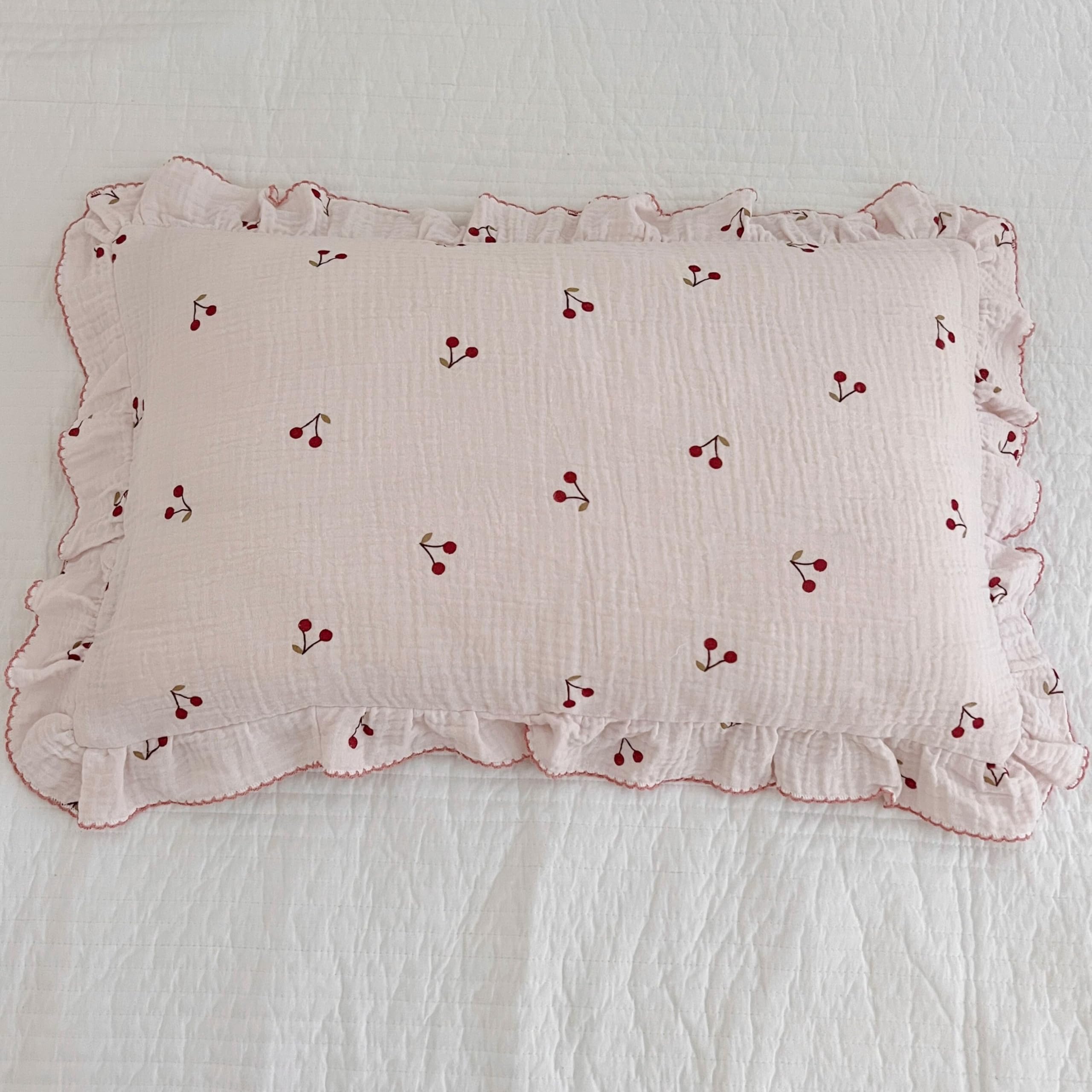 BuLuTu Cotton Muslin Kids Toddler Pillowcase Cherry Pattern, Soft Travel Pillow Ruffle Edge Nursery Pillow Case for Boys Girls, Bedding Decor, Durable Pillowcases 14"x20", 1 Piece