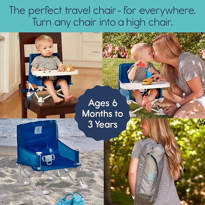 Hiccapop OmniBoost Travel Booster Seat with Tray for Baby | Folding Portable Baby Booster Seat for Dining Table, Camping, Beach, Grandma’s | Tip-Free Design Straps to Kitchen Chairs - Booster Chair