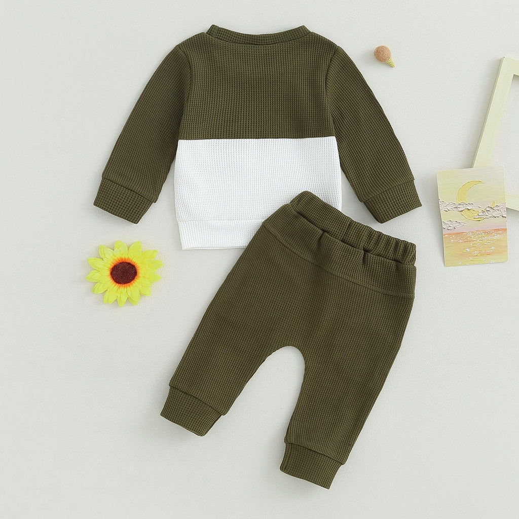 Fufuriprefer Toddler Baby Boy Fall Clothes Waffle outfit Long Sleeve Top Jogger Pant Set (Army Green White, 6-12 Months)