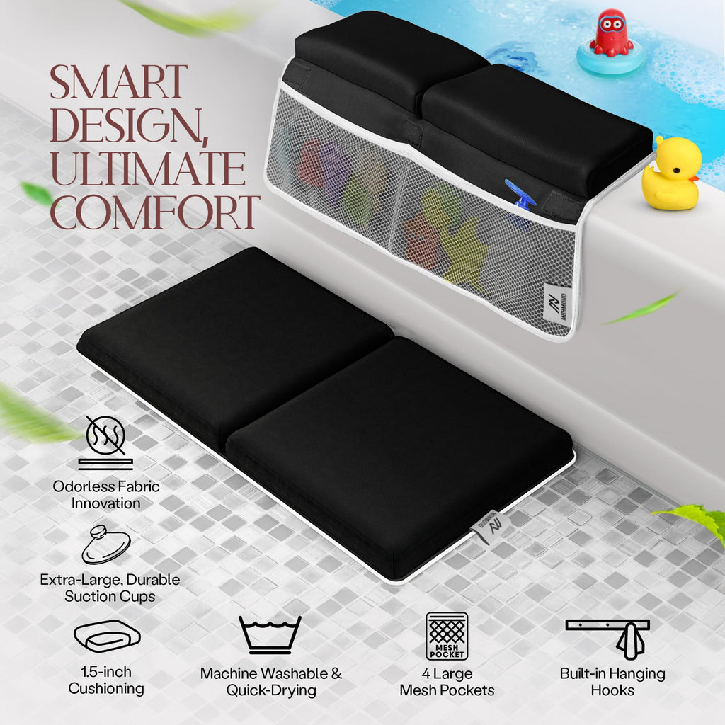 Mohmoud Comfortable Baby Bath Kneeler and Elbow Rest Pad Set — Kneeling Pad for Bathing Baby, Relieves Knee and Elbow Pain, Non-Slip Bathtub Kneeling Pad with Toy Organizer, Bonus Brush and Washcloth