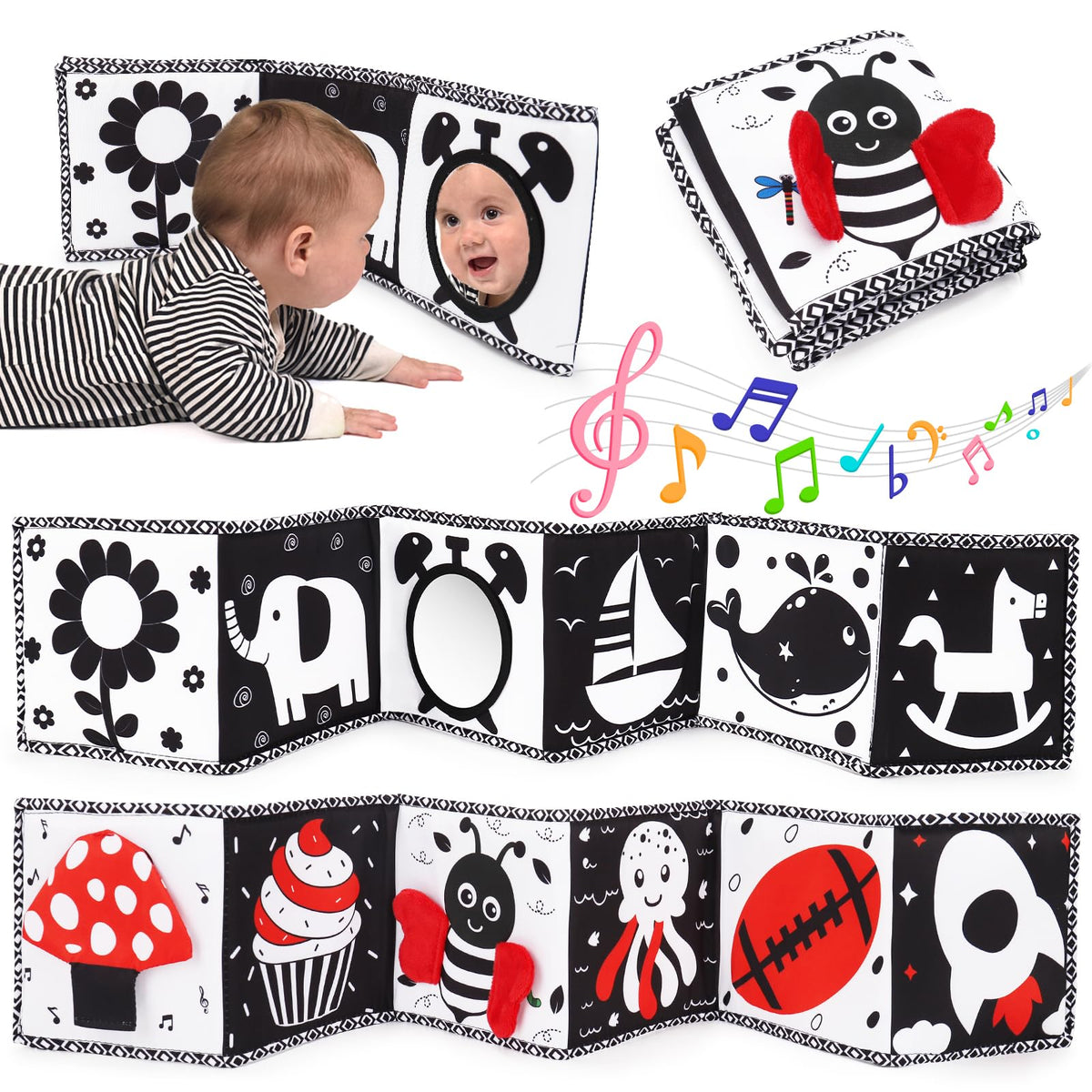 4 PCS Black and White High Contrast Baby Toys 0-3-6 Months Newborn Essential Toy for Babies Crinkle Sensory Book Brain Development Tummy Time Mirror Infant Carseat Rattle Shower Easter Gifts Boy Girl