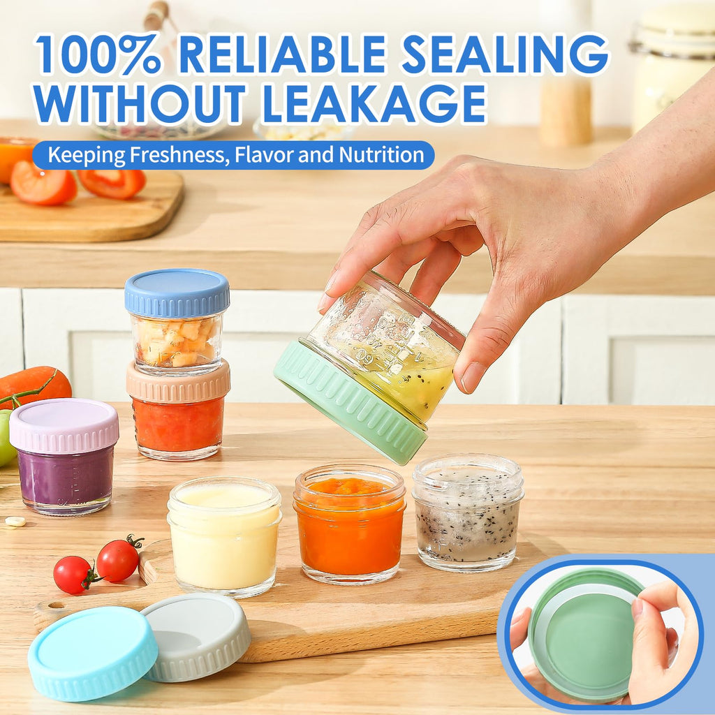 DRKIO 6 pcs Baby Food Storage Containers 4 Oz Small Glass Jars with Lids