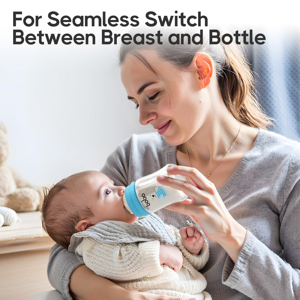 YOHKOH Glass Baby Bottles with Slow Flow Nipple, Newborn Anti-Colic Baby Bottles for 0+ Months, Wide Neck Feeding Bottle, Clear (Blue, 5oz (Pack of 4))