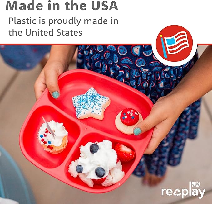 Re-Play Toddler Plates with Dividers - Deep-Walled 3 Compartments Divided Plates for Kids with 3 Lids - Dishwasher & Microwave Safe - Made in USA - Set of 3-7.37" x 7.37" x 1.25" - Beach Baby