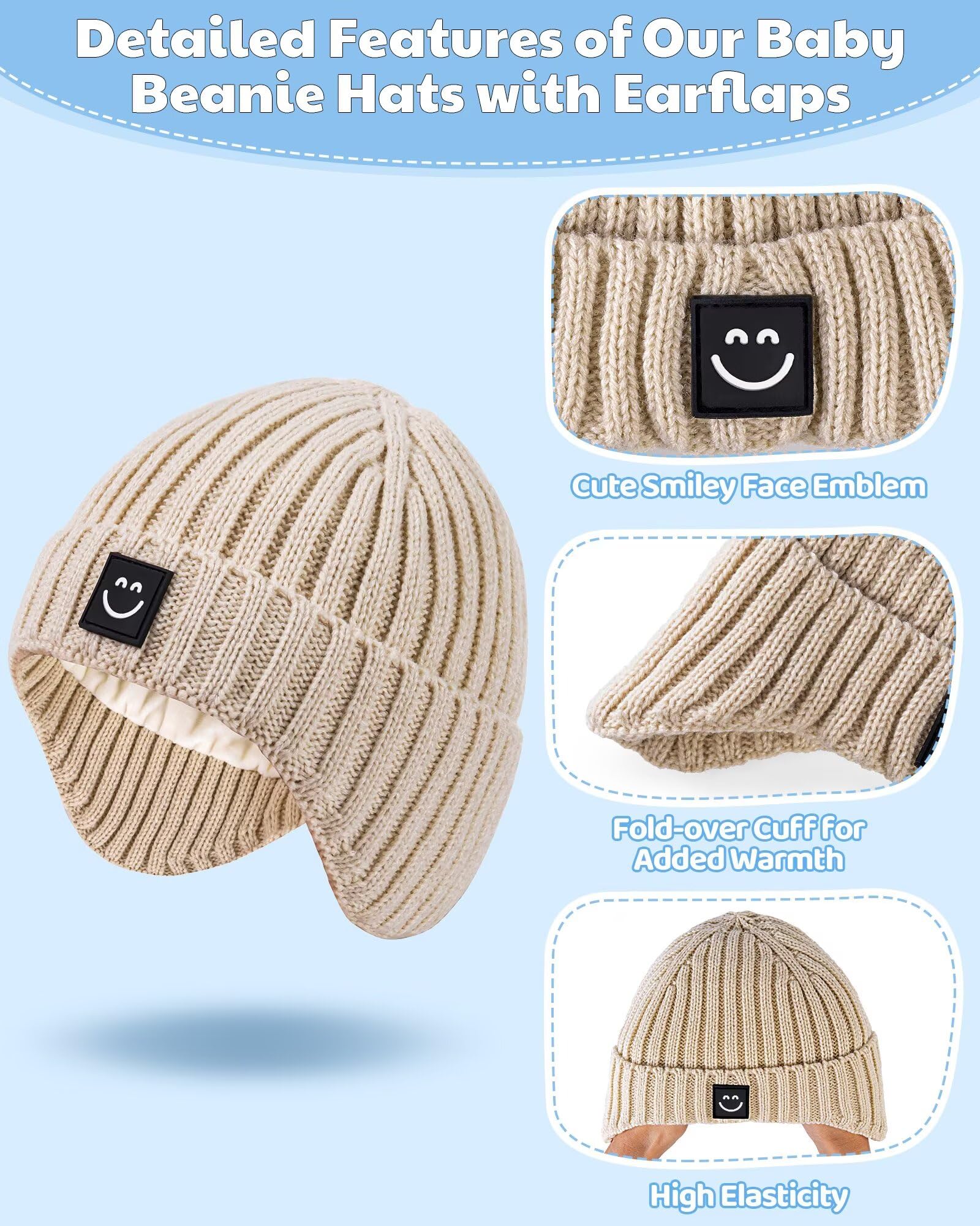 Alepo 3 Pack Baby Beanie Hats with Earflaps, 2 Size Baby Winter Hat for Newborn Infant Toddler Kids Children with Cute Smiley Face, Soft Warm Fleece Lined Knit Hat for Girls Boys-13