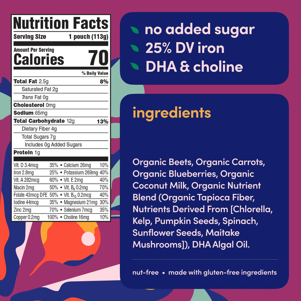 Cerebelly Organic Baby Food Pouches, Beet Carrot Blueberry Purees, 16 Nutrients, No Added Sugar, Fiber & Non-GMO, 4oz, 6 Pack