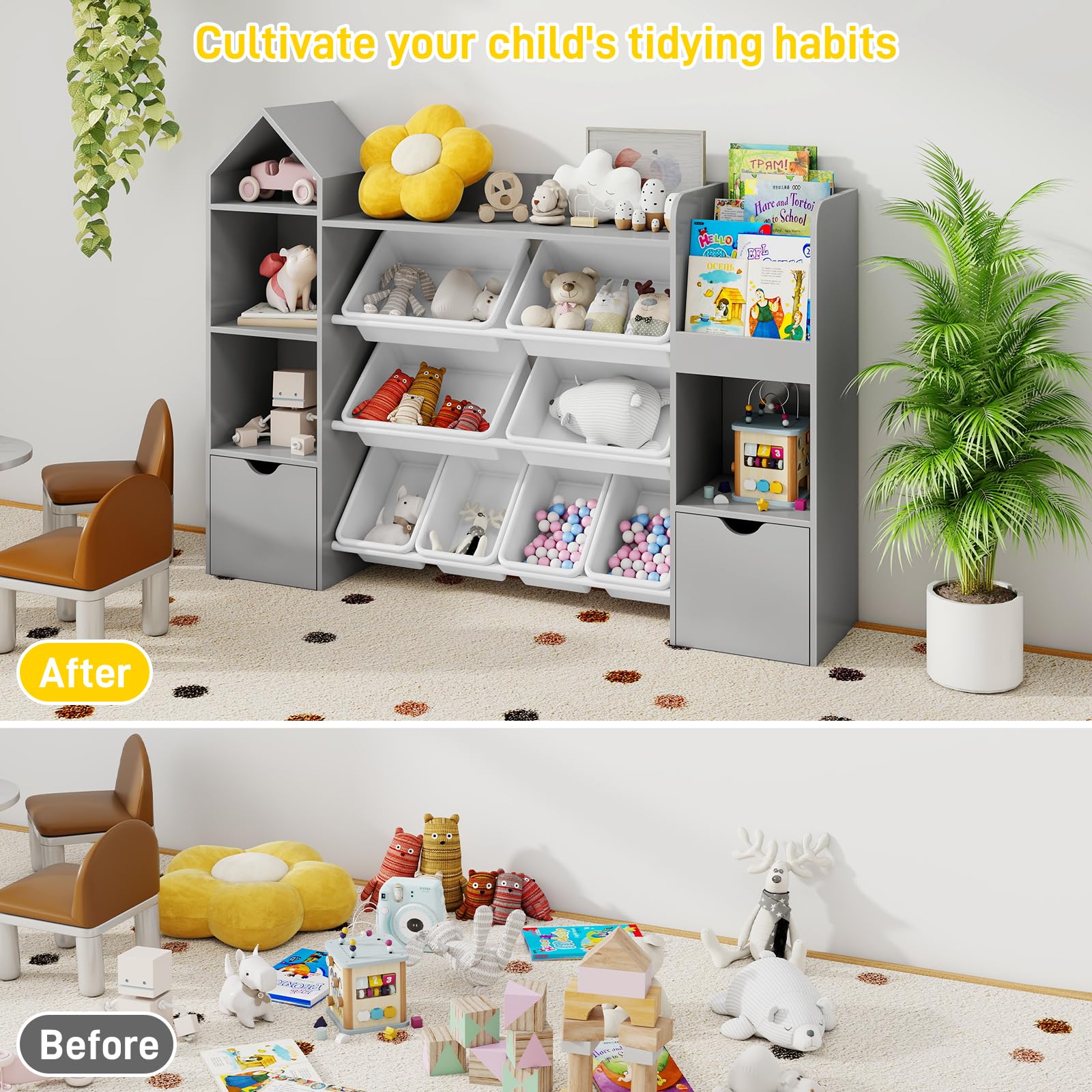 Vabches Kids Toy Organizer with 8 Removable Toy Bins, 4-Tier Toy Storage Organizers W/4 Storage Cubbies, Bookshelf 2 Toy Storage Box on Wheels for Playroom, Kids Room, Nursery Room, Grey
