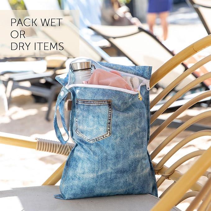 Bumkins Roamio Waterproof Wet Bag & Wet/Dry Clutch Set, Reusable Travel Organizers for Swim, Beach, Gym, Baby Gear, Cloth Diapers, Pump Parts, Pool, Toiletries, Machine Washable, Faux Denim 2-Pack