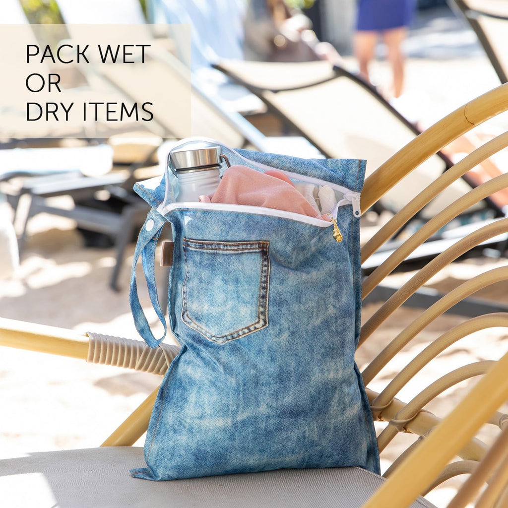 Bumkins Roamio Travel Set – Waterproof Wet Bag, Wet/Dry Clutch, 3 Clear TSA Pouches – Reusable Organizers for Swim, Gym, Toiletries, Baby Gear, Pump Parts, Beach, Pool, Travel, Faux Denim 5-pc Set