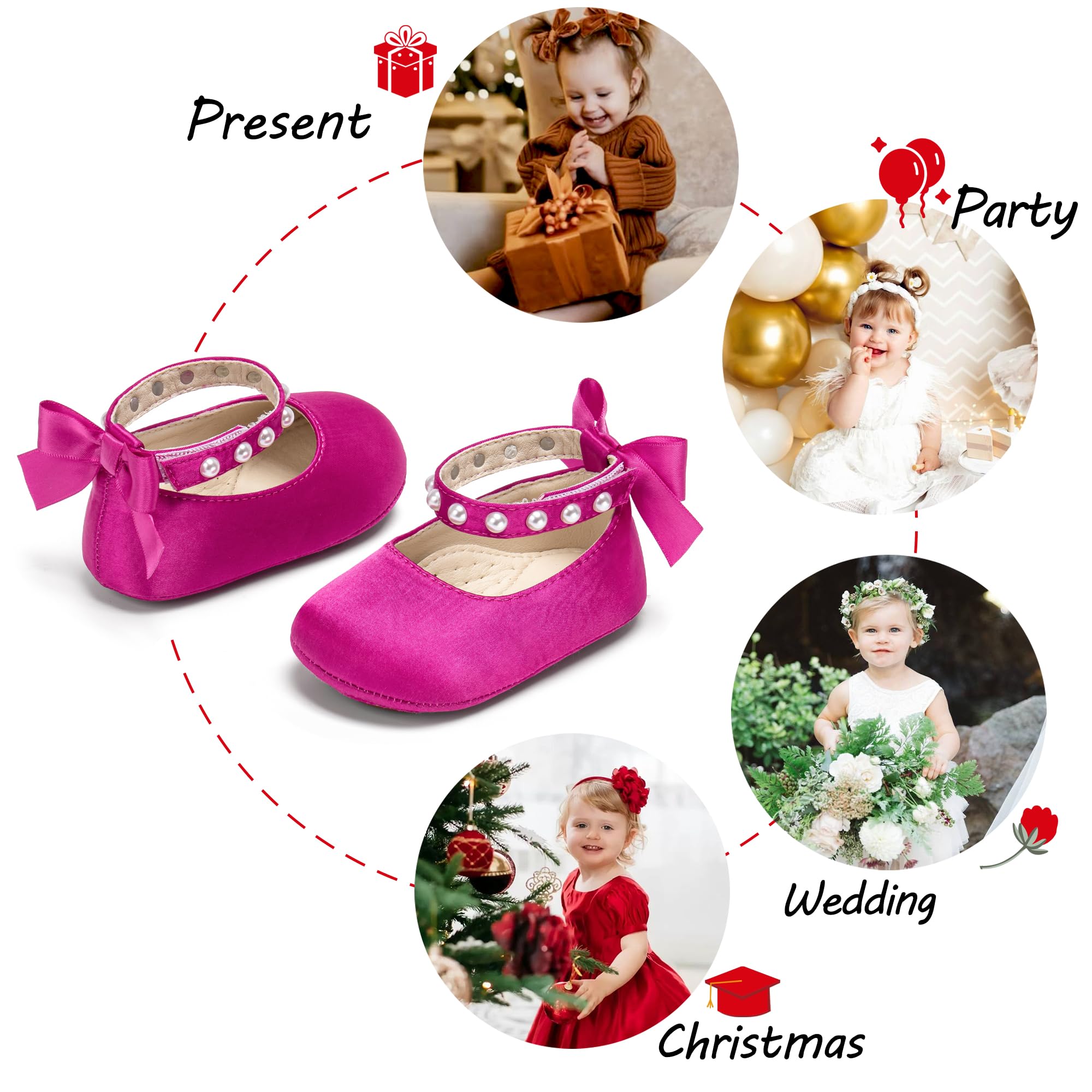 PHIRAMIN Baby Girls Satin Hot Pink Mary Jane Flats - Infant 12-18 Months Walking Shoes Soft Rubber Sole Princess Wedding