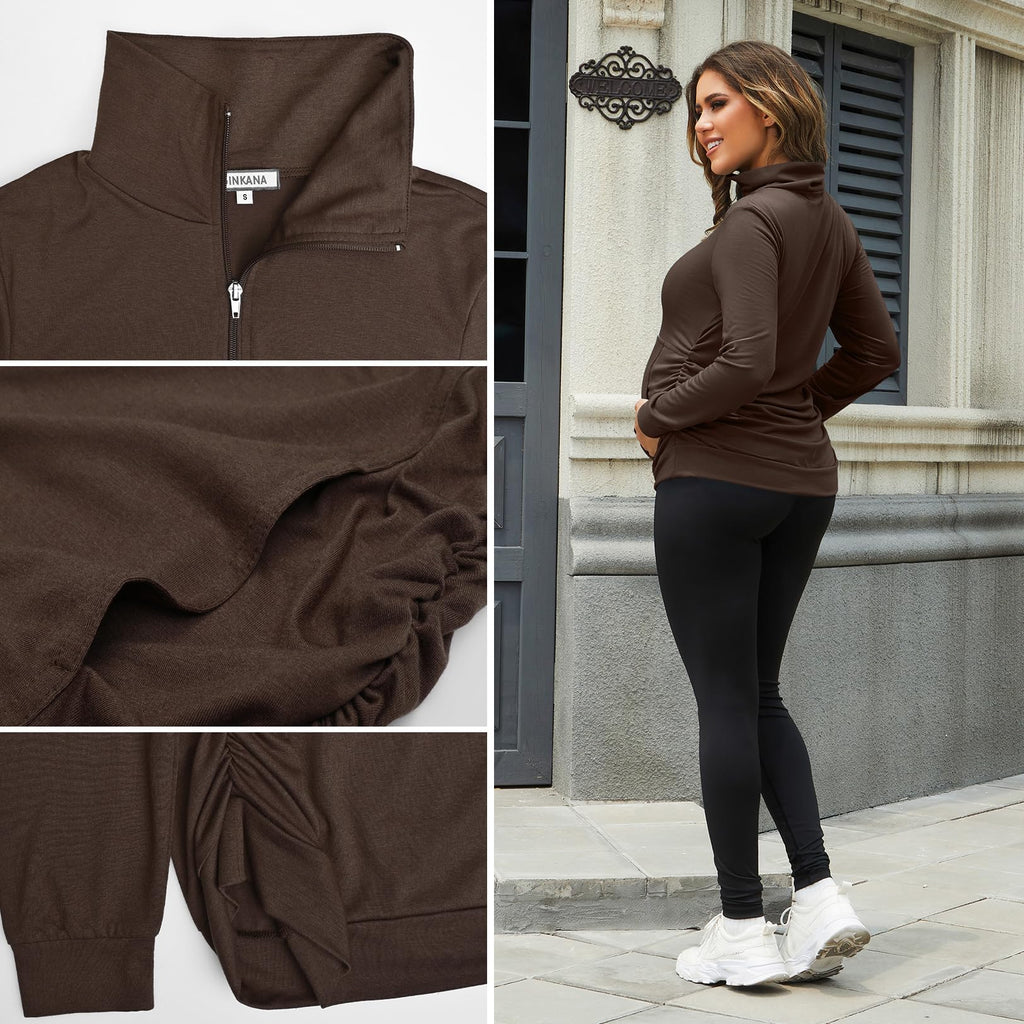 GINKANA Maternity Sweatshirt Long Sleeve Kangaroo Pocket Shirt Casual Pregnancy Lapel Sweatshirt Half Zipper Tops,Chocolate,M