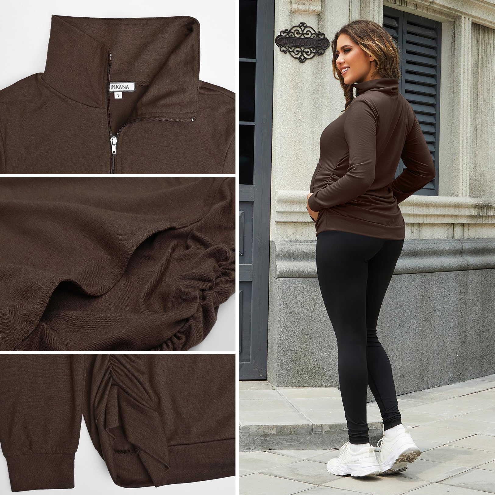 GINKANA Maternity Sweatshirt Long Sleeve Kangaroo Pocket Shirt Casual Pregnancy Lapel Sweatshirt Half Zipper Tops,Chocolate,M