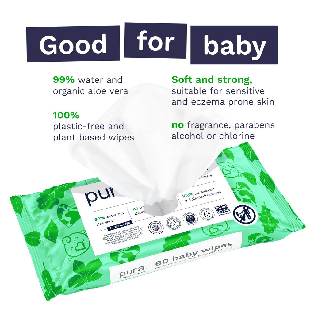 Pura Natural Sensitive Baby Wipes, 99% Water, Unscented & Hypoallergenic, Suitable for Sensitive & Eczema-prone Skin, Hypoallergenic, EWG Verified, 10 Pack of 60 Wet Wipes (600 Diaper Wipes) Bulk Buy