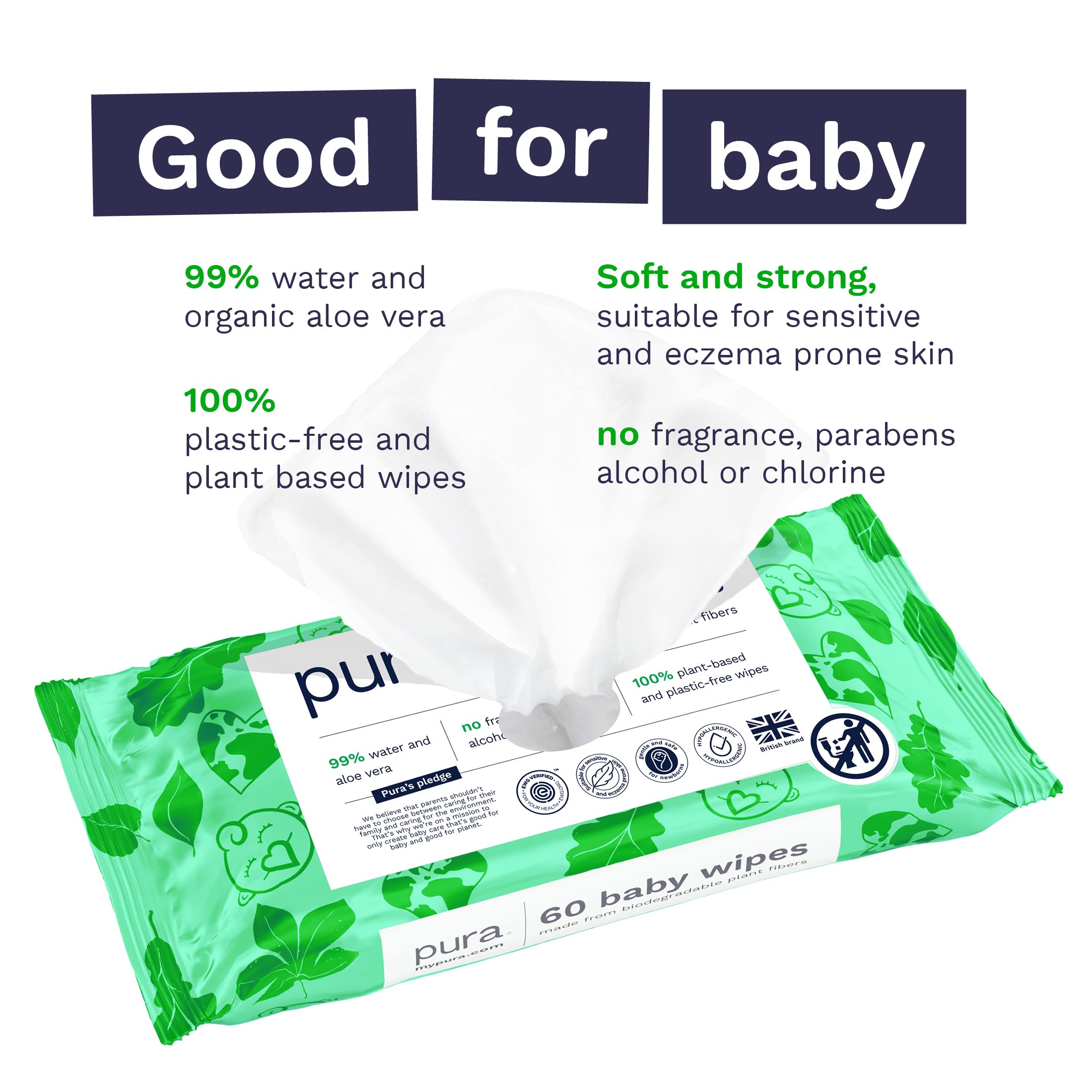 Pura Natural Sensitive Baby Wipes, 99% Water, Unscented & Hypoallergenic, Suitable for Sensitive & Eczema-prone Skin, Hypoallergenic, EWG Verified, 10 Pack of 60 Wet Wipes (600 Diaper Wipes) Bulk Buy