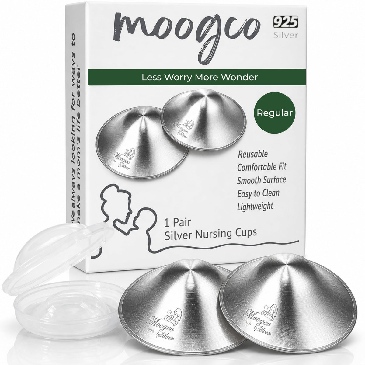 MOOGCO The Original Silver Nursing Cups - Nipple Shields for Breastfeeding Newborn - Breastfeeding Essentials - 999k Tri-Laminate Silver Nipple Covers (Regular Size, Set of 2)