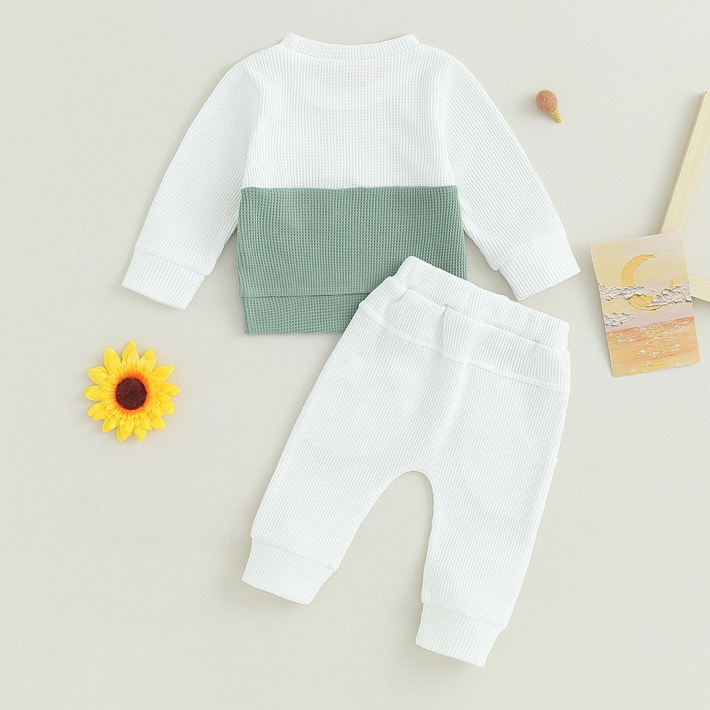Fufuriprefer Toddler Baby Boy Fall Clothes Waffle outfit Long Sleeve Top Jogger Pant Set (White, 0-6 Months)