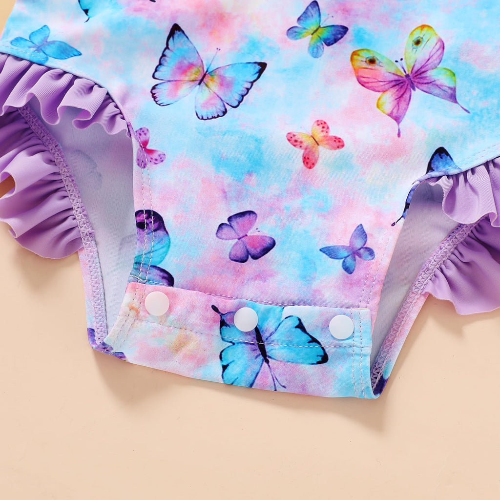 Infant Baby Girl Swimsuit One-Piece Long Sleeve Rash Guard with Hat Set Floral Zipper Bathing Suit Leopard Beach Wear(Purple Butterfly, 18-24M)