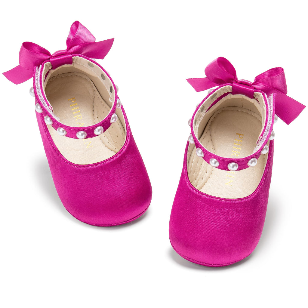 PHIRAMIN Baby Girls Satin Hot Pink Mary Jane Flats - Infant 12-18 Months Walking Shoes Soft Rubber Sole Princess Wedding