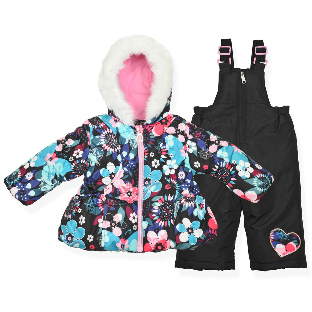Arctic Quest Girls' Bib Snow Pants and Ski Jacket Water-Resistant Snowsuit For Kids Winter Hooded Jacket, Rich Black, 3T