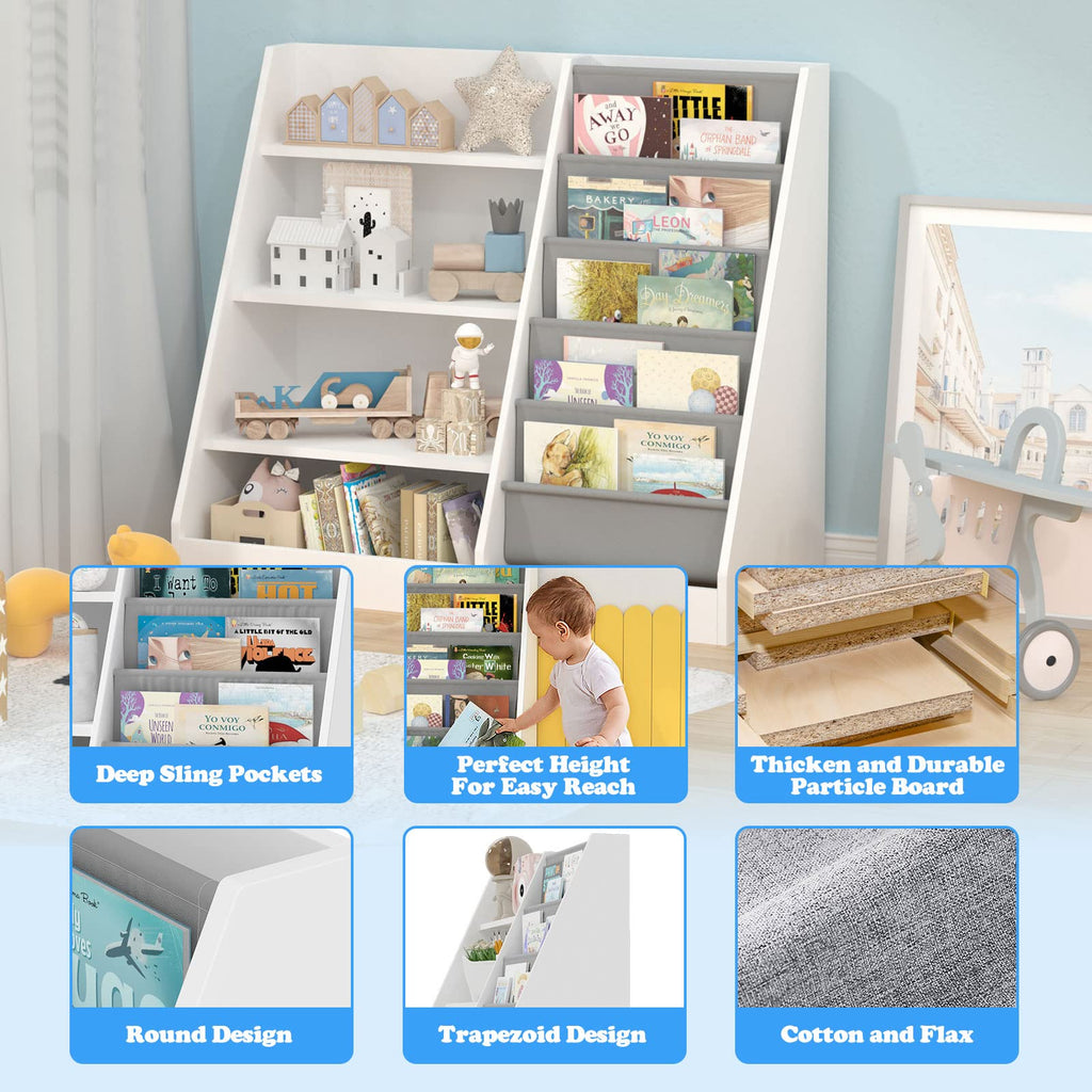 HedoAjim 4 Tier Kids Wooden Bookshelf, 5 Layer Sling Toddler Bookcase,Baby Storage Book Rack,Book and Toy Organizer Cabinet,Children Book Display,Playroom Nursery Classroom Kid Room