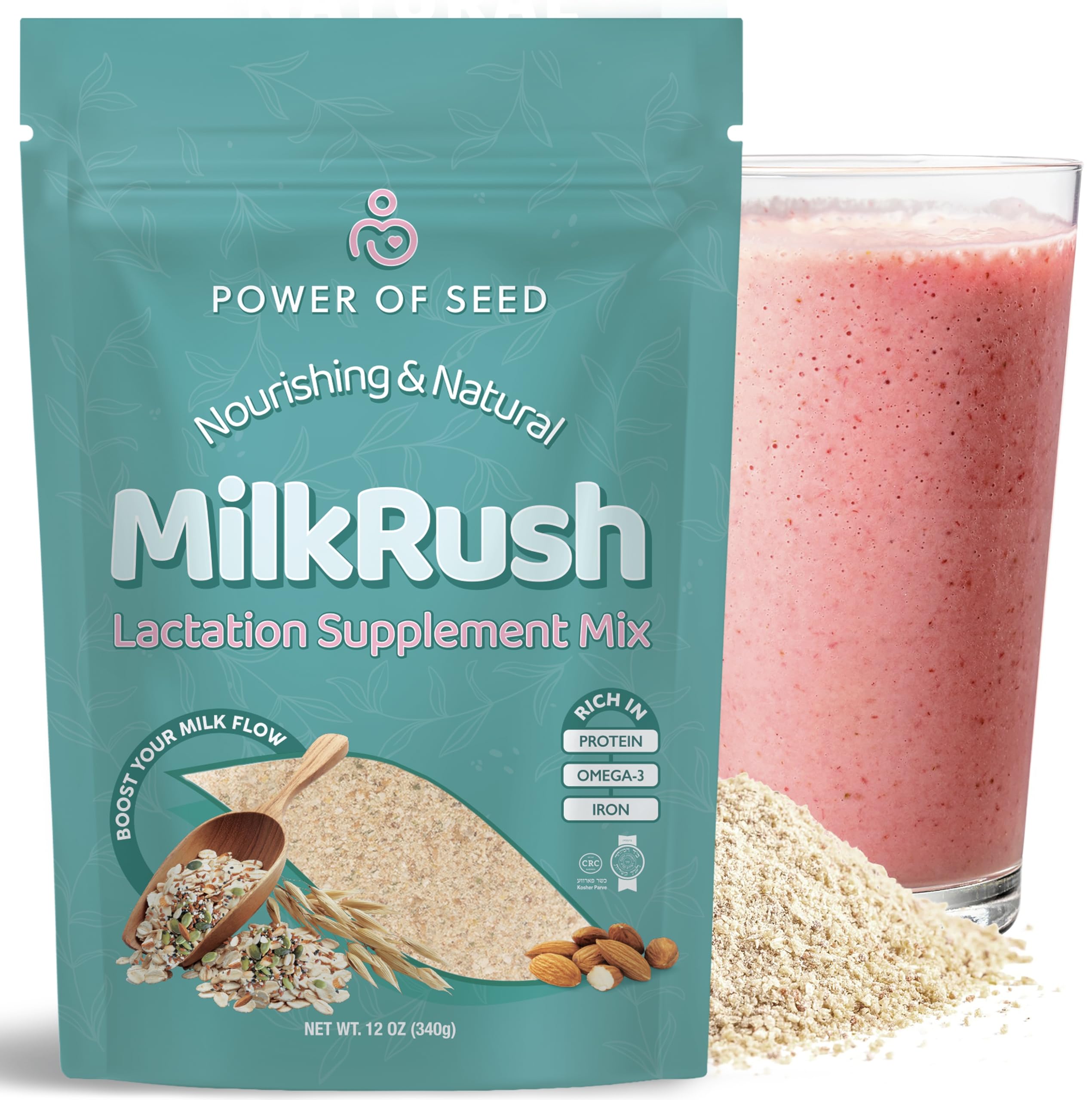 Milkrush Lactation Support for Breastfeeding-Oats Seeds & Almond Lactation Drink Mix - Enrich Milk for Breastfeeding with Superfood Omega 3, Iron & Calcium - Kosher Certified - 12oz Bag