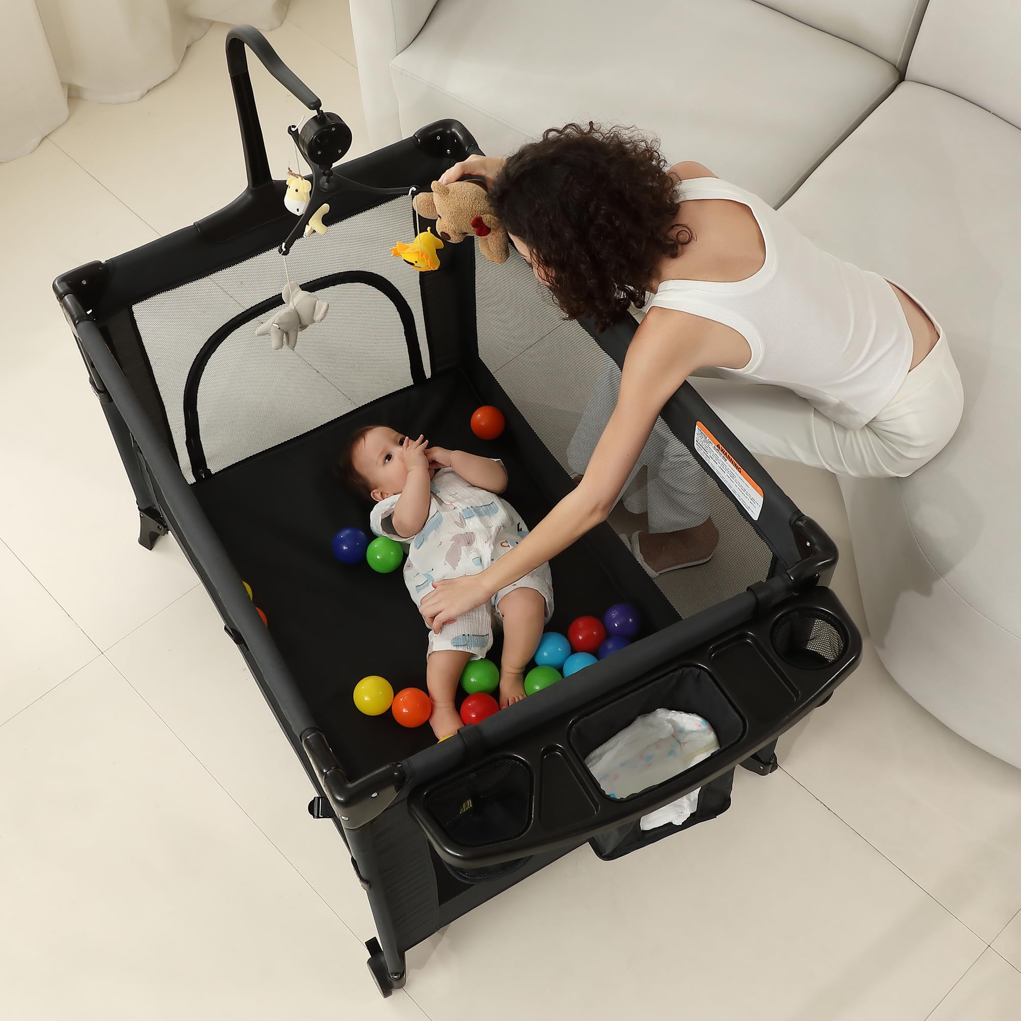 Pack and Play, Baby Bassinet Bedside Sleeper, Baby Playard with Changing Table, Foldable Travel Playard for Newborn to Toddlers (Black)