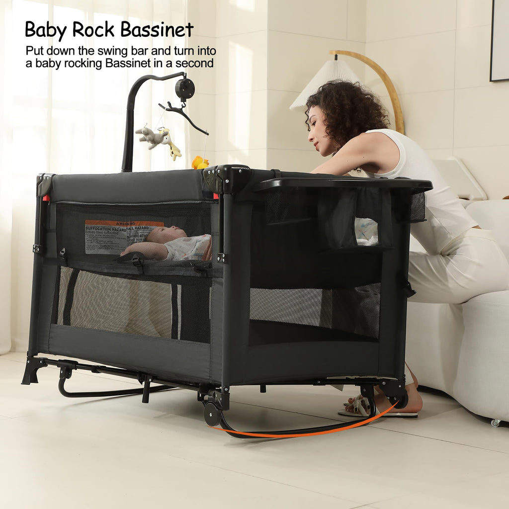 Pack and Play, Baby Bassinet Bedside Sleeper, Baby Playard with Changing Table, Foldable Travel Playard for Newborn to Toddlers (Black)