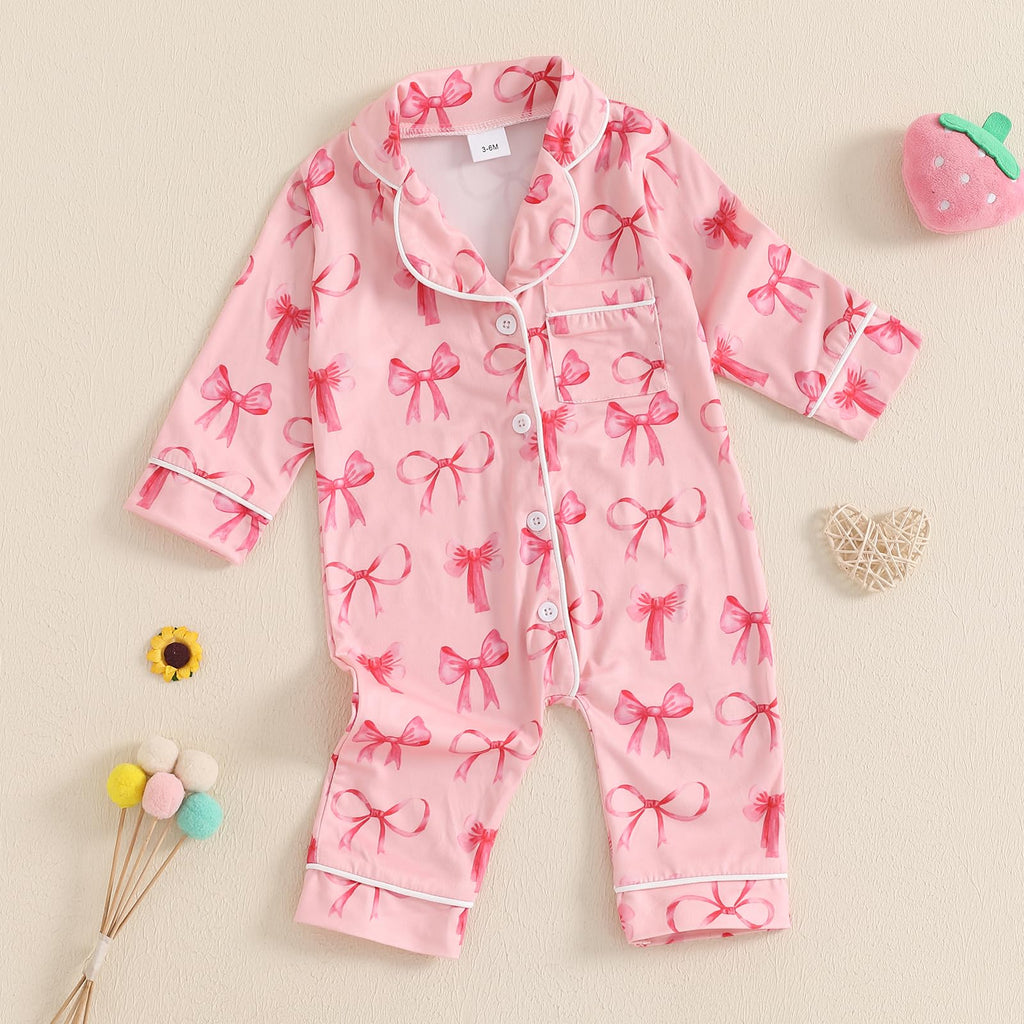 Balaflyie Baby Girl Button Down Pajamas Romper One-Piece Jumpsuit Long Sleeve Sleeper Infant Sleepwear (Ribbon Bow&Pink,0-3 Months)
