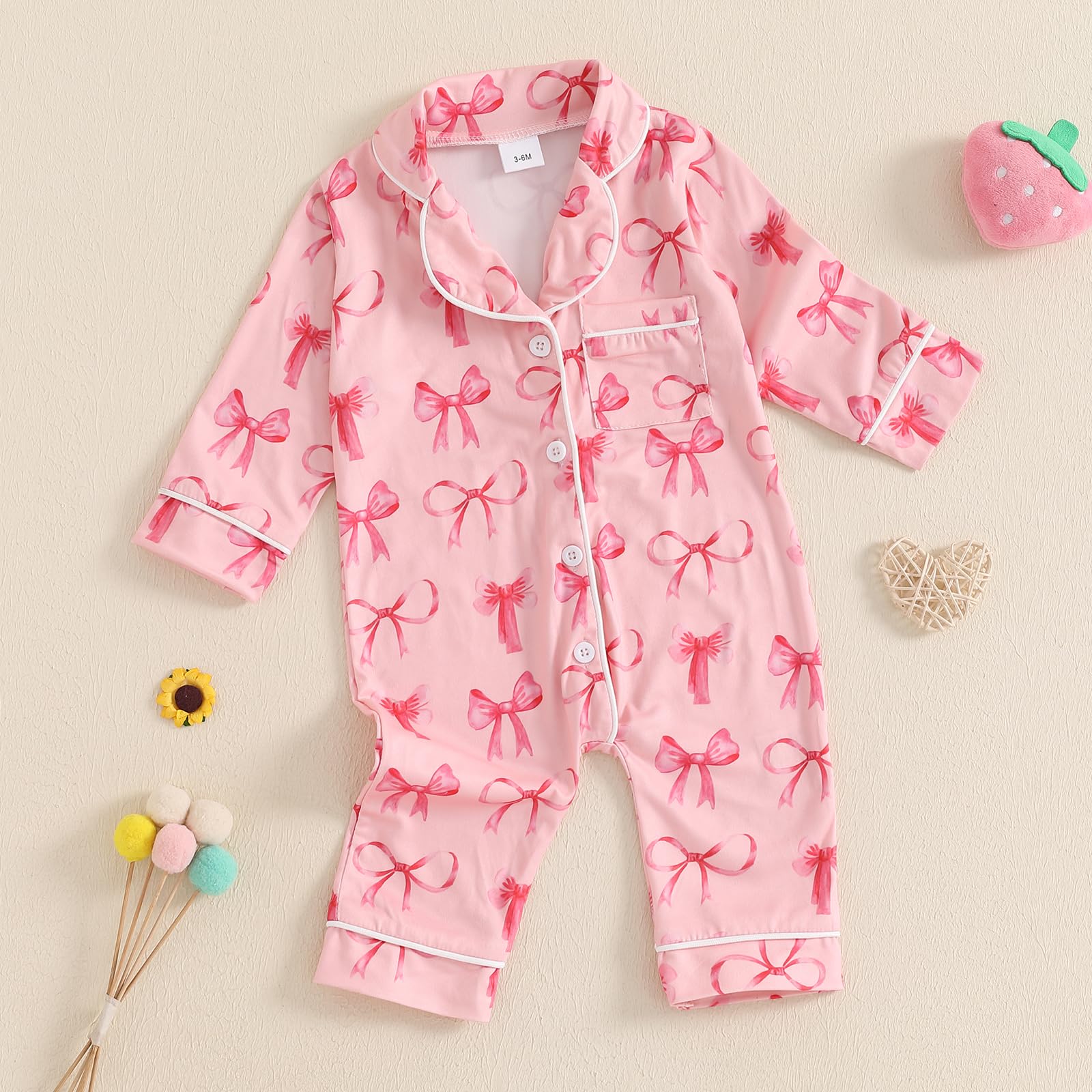 Balaflyie Baby Girl Button Down Pajamas Romper One-Piece Jumpsuit Long Sleeve Sleeper Infant Sleepwear (Ribbon Bow&Pink,3-6 Months)