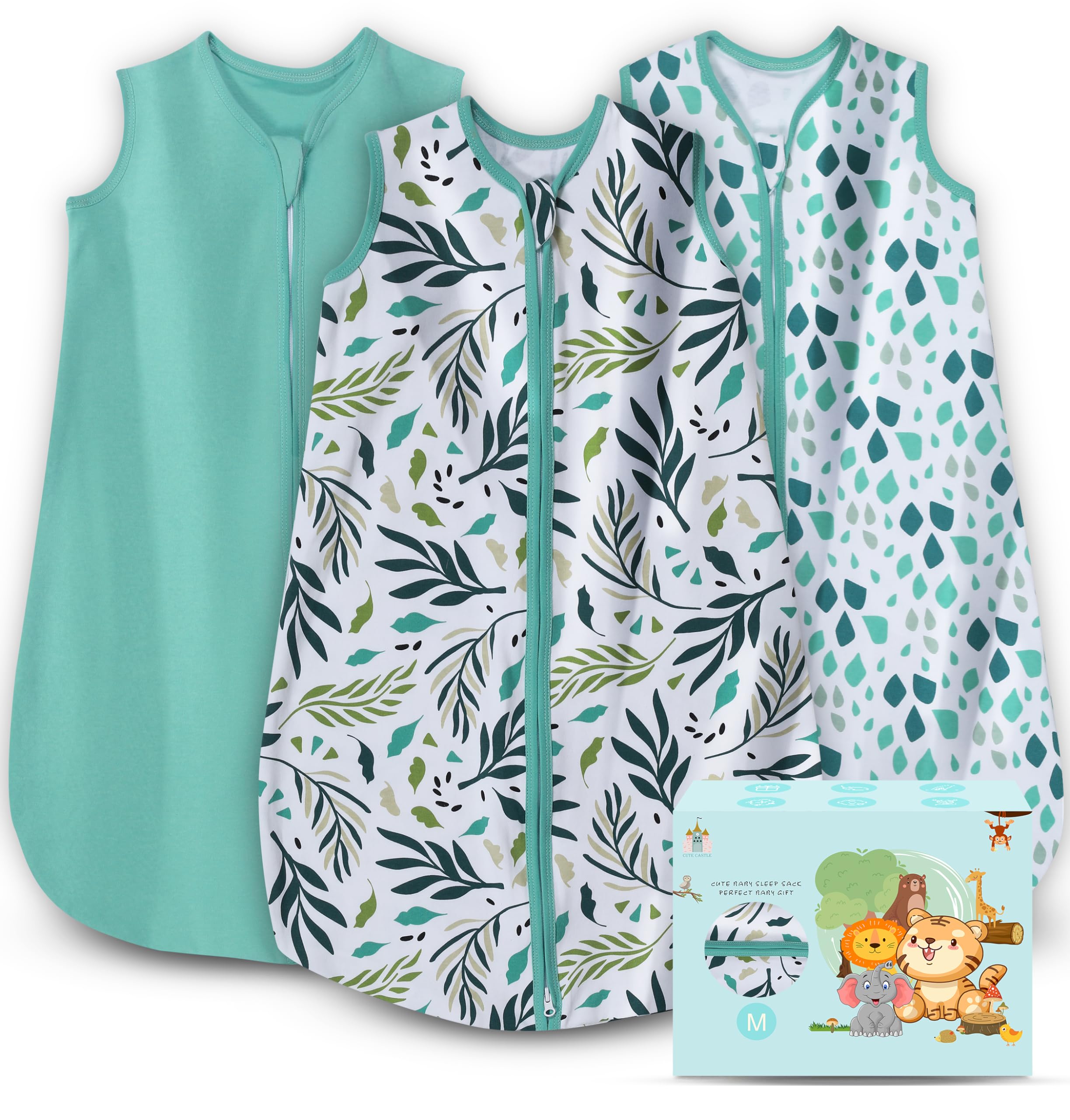 Cute Castle Baby Sleep Sack 6-12 Months - Lightweight 100% Cotton 2-Way Zipper TOG 0.5 Infant Wearable Blanket, Newborn Essentials Toddler Sleep Clothes (3 Pack Green)
