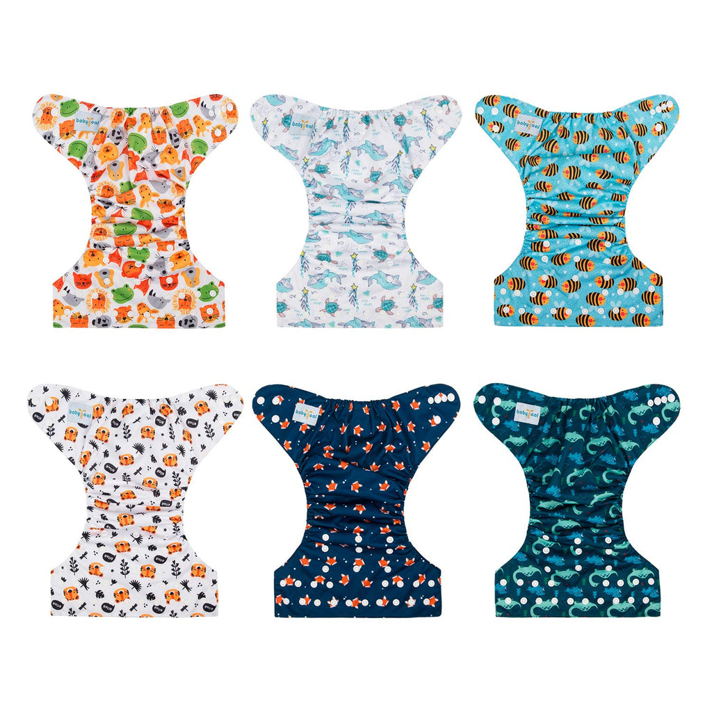 babygoal Reusable Cloth Diapers 6 Pack with 10pcs Inserts, One Size Adjustable Washable Pocket Nappy Covers for Baby Boys and Girls 6FB12