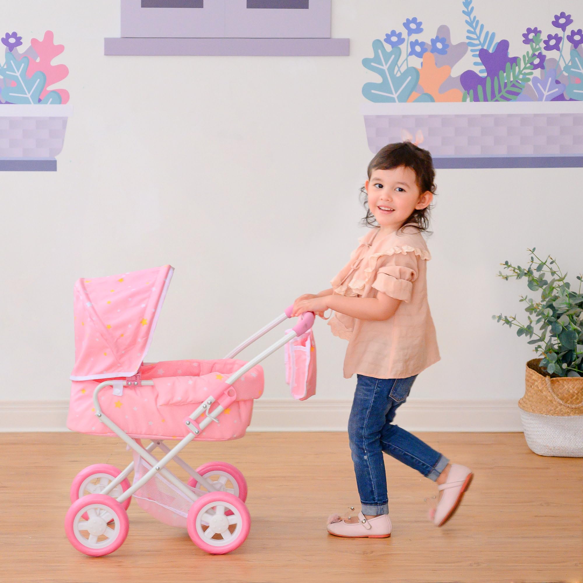 Olivia's Little World - Play Baby Doll Bassinet Stroller, Baby Doll Pram Stroller Buggy for 3 4 5 Year Old Girls, Toy Stroller for Toddlers 1-3, Twinkle Stars Princess Deluxe Toy Stroller - Pink/White