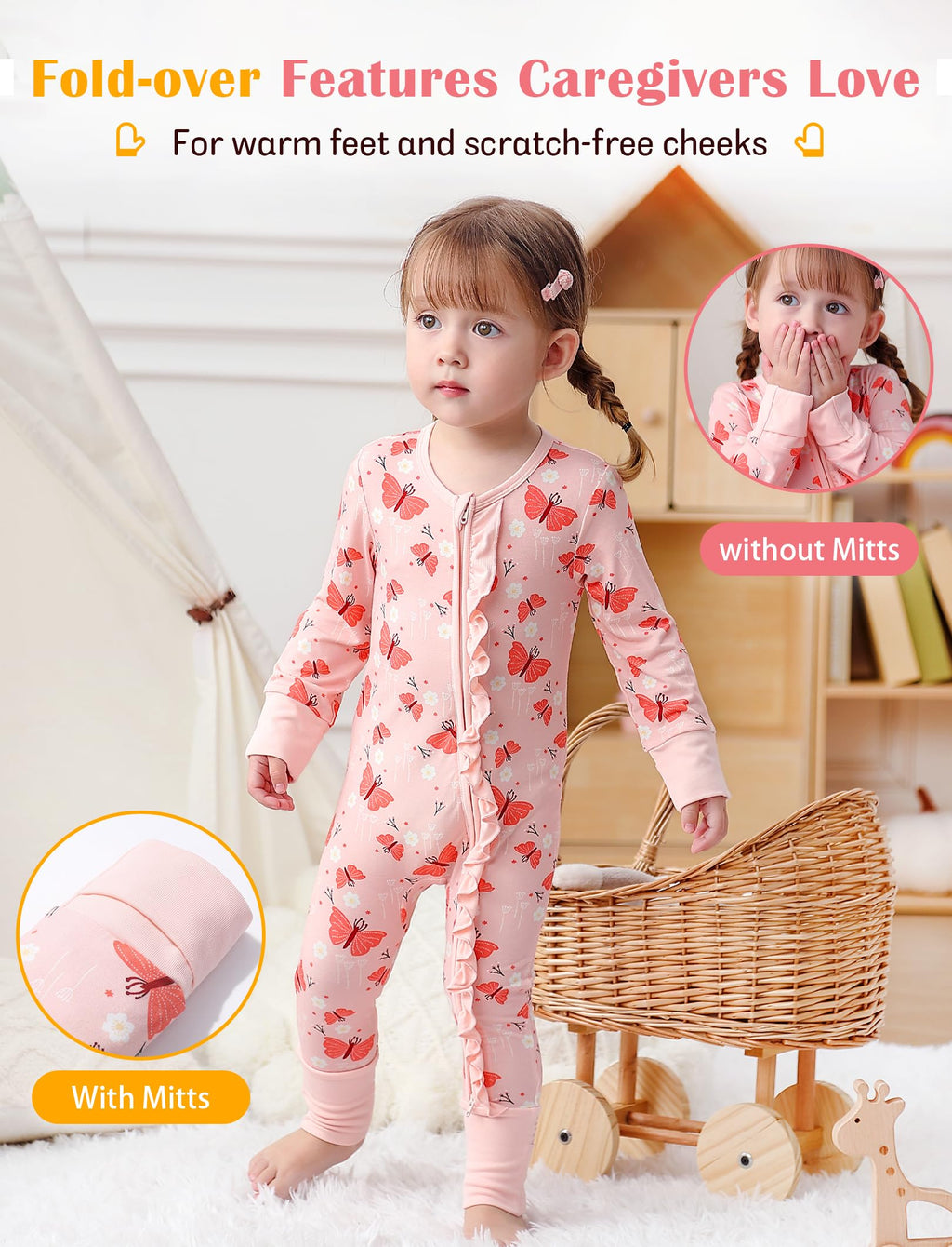 JunNeng Baby Girl Viscose from Bamboo Sleeper Pajamas with Mitten Cuffs 6-12M