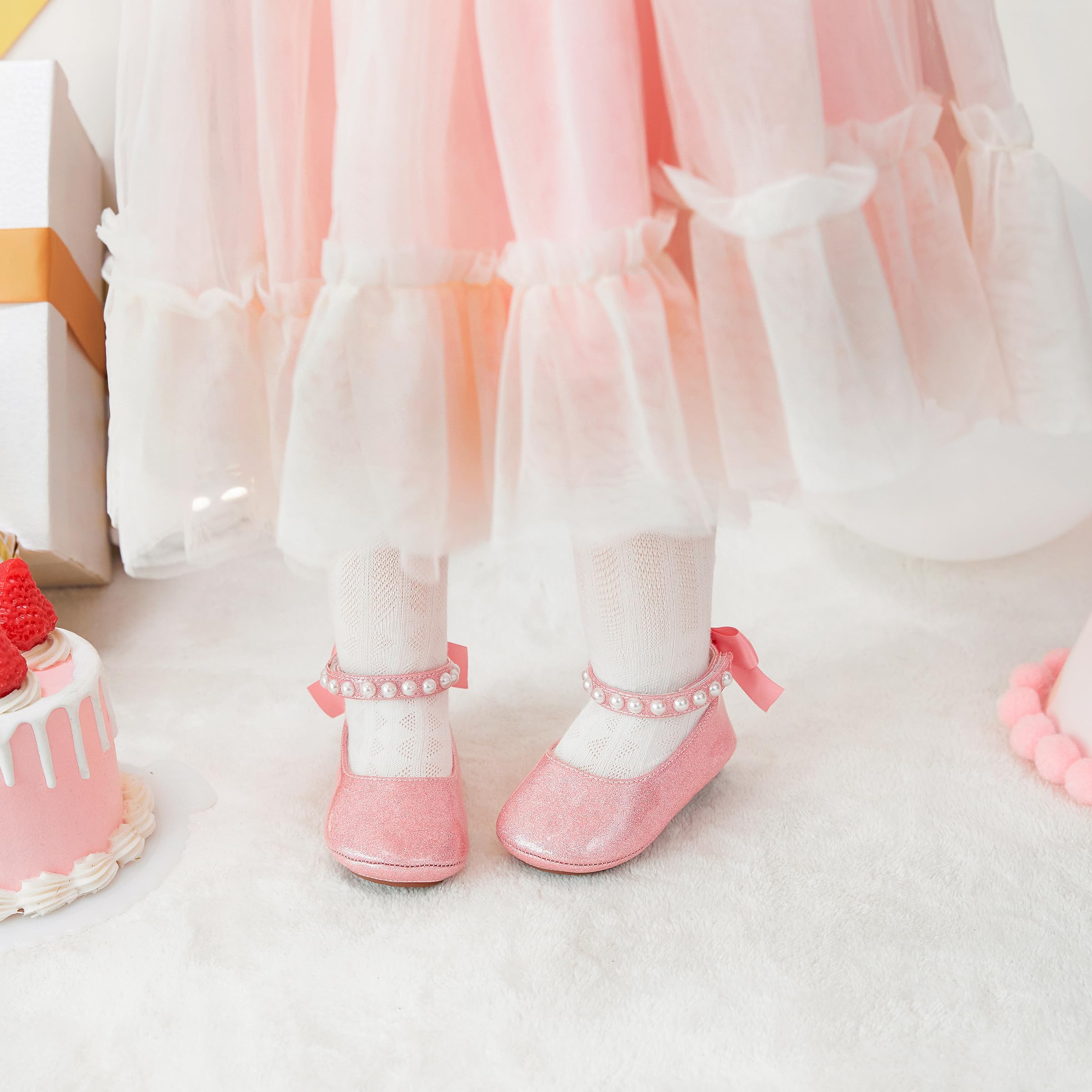 PHIRAMIN Baby Girls Glitter Pink Mary Jane Flats - Infant 18-24 Months Walking Shoes Soft Rubber Sole Princess Wedding