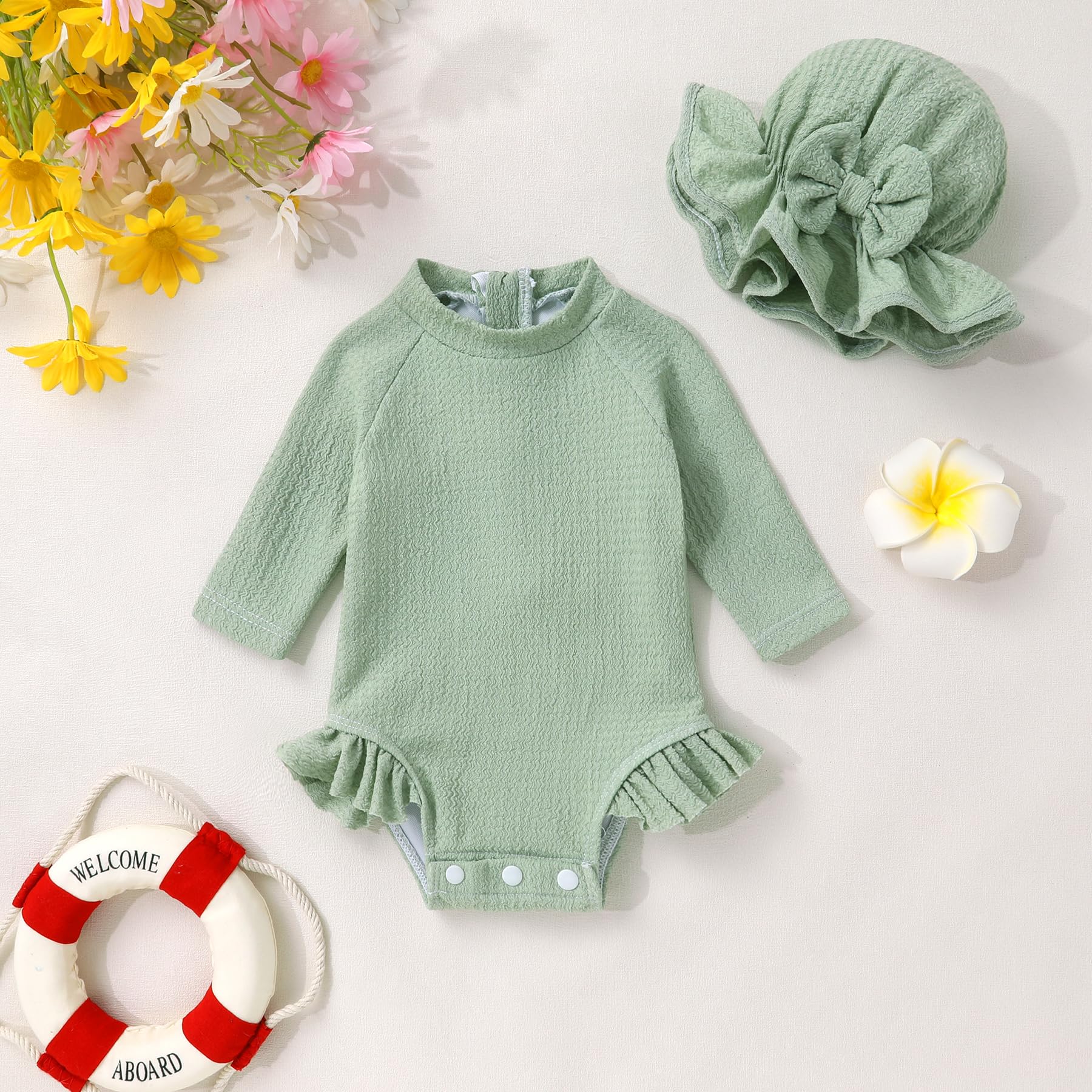 YOUNGER TREE Infant Baby Girls Long Sleeve Swimsuit One Piece Swimsuit Solid Color Bathing Suit with Hat, UPF 50+（Light Green, 3-6 Months）