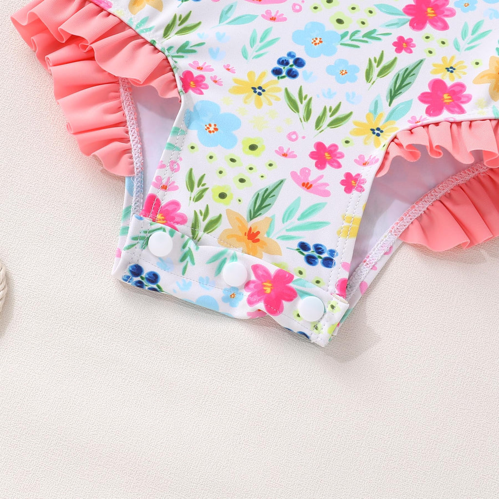 Infant Baby Girls Long Sleeve One Piece Swimsuit with Hat Floral Zipper Bathing Suit Leopard Beach Wear (Pink Edged Floral Fragments，12-18Months)